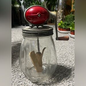 Vintage Hand Crank Butter Churn Jar with Wooden Paddle - Clear Glass & Red Top